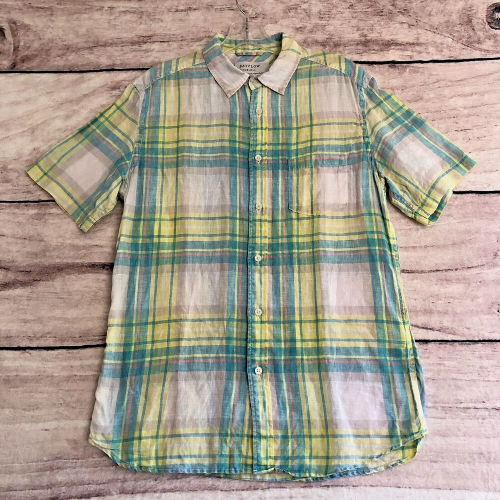 Bayflow Shirt Size 4 Womens Blue Yellow Plaid Short Sleeve Button Up